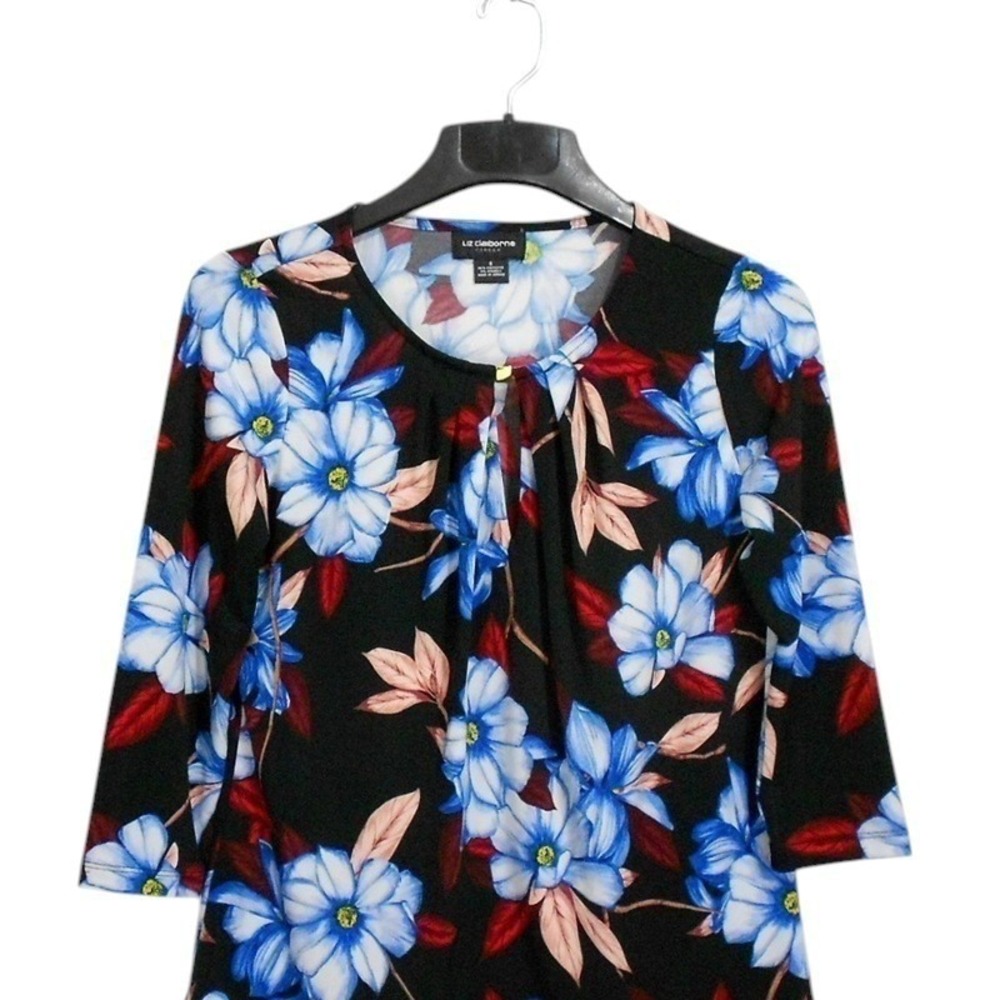 Liz‎ Claiborne Top Small Black Floral Print 3/4 Sleeve Round Keyhole Neck Career - Picture 5 of 9
